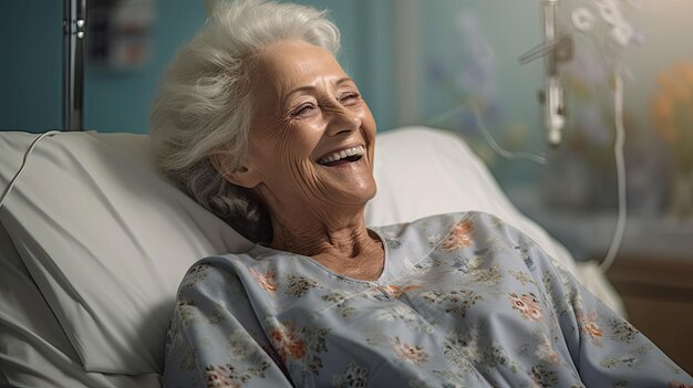 Eine ältere Patientin liegt zufrieden und lächelt im modernen Krankenhausbett.