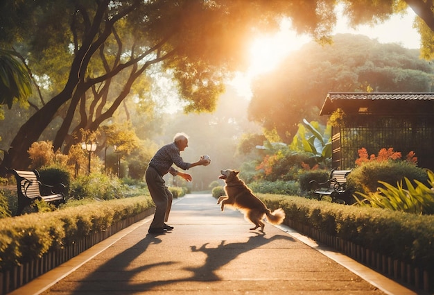 eine ältere Person, die spielerisch mit einem Hund auf einem Gehweg interagiert