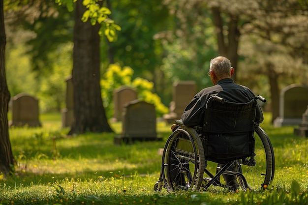 Eine ältere Person in einem Rollstuhl denkt auf einem friedlichen Friedhof über den Gedenktag nach