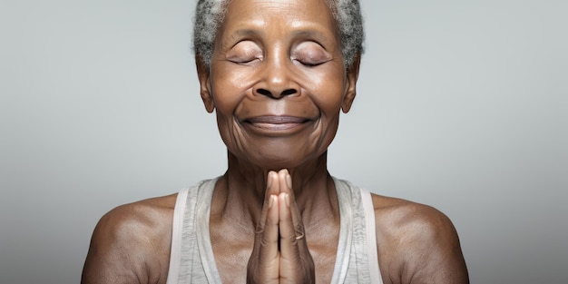 Eine ältere, reife und freundliche, elegante Frau meditiert und macht Yoga mit ruhigem und ruhigem Verhalten