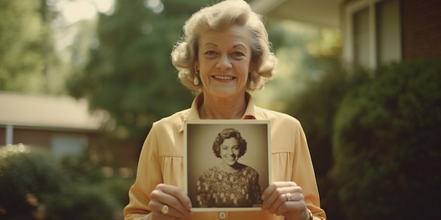 Eine ältere weiße Frau hält ein Vintage-Foto von sich selbst hoch, als sie jünger war und sich an wertvolle Erinnerungen und den Lauf der Zeit erinnert. KI Generative KI