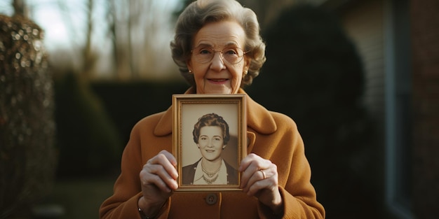 Eine ältere weiße Frau hält ein Vintage-Foto von sich selbst hoch, als sie jünger war und sich an wertvolle Erinnerungen und den Lauf der Zeit erinnert. KI Generative KI