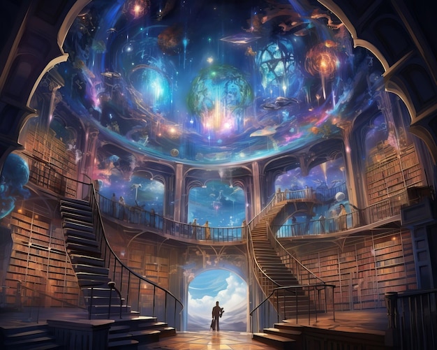 Foto eine ätherische himmlische bibliothek im metaversum, die eine unendliche wissenssammlung beherbergt