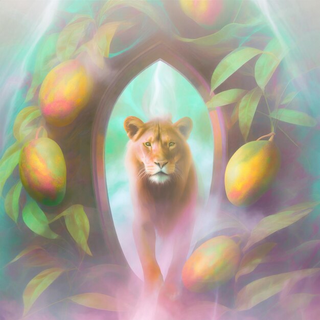 Foto eine ätherische löwin, die anmutig aus einem mangoförmigen portal auftaucht