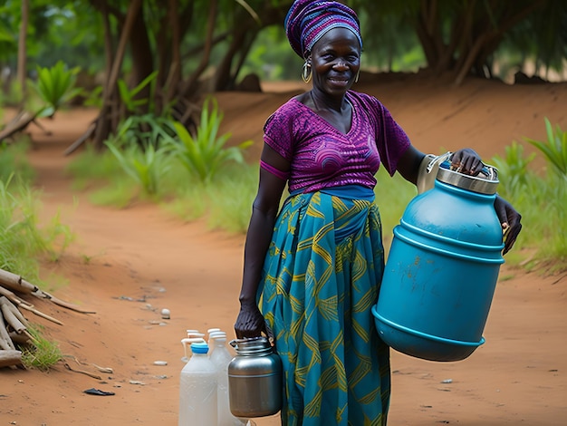Foto eine afrikanische dame trägt einen krug wasser auf dem kopf und einen empfänger, der darauf wartet, ihn zu empfangen