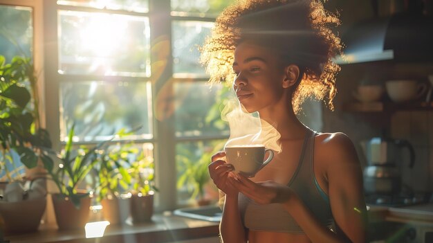 Eine afrikanische Frau trinkt eine Tasse Kaffee im Essbereich seines Hauses, nachdem sie gearbeitet hat.