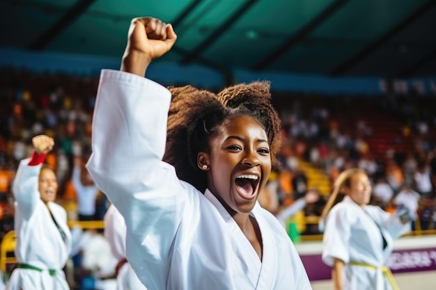 Eine afrikanische Karate-Frau in einer weißen Uniform freut sich, nachdem sie ein Turnier in einem Stadion gewonnen hat