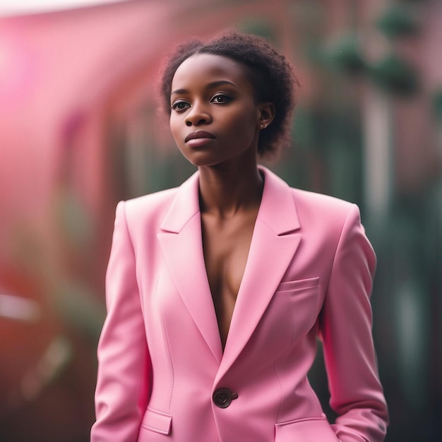 Eine afrikanische schwarze junge Frau in rosa Anzug mit rosa Hintergrund