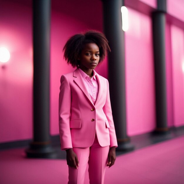 Eine afrikanische schwarze junge Frau in rosa Anzug mit rosa Hintergrund