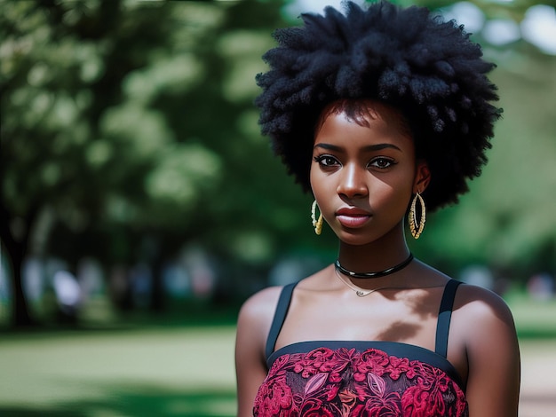 Eine Afro-Frau mit natürlichem Haarschnitt steht in einem Park