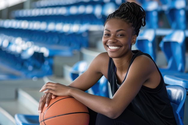 Eine afroamerikanische Basketballspielerin, die auf dem Stadion sitzt, steht lächelnd und hält einen Basketball in der Hand, der das Konzept der Leidenschaft für das Sportspiel und das körperliche Training verkörpert