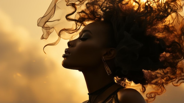 Eine afroamerikanische Frau, deren Haare im Wind wehen