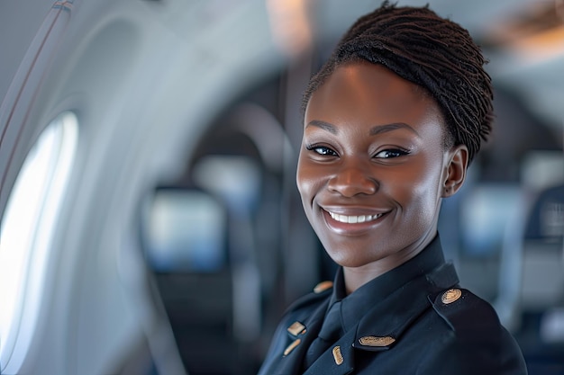 Eine afroamerikanische Frau, die als uniformisierte Flugbegleiterin arbeitet, steht in der Kabine eines Flugzeugs