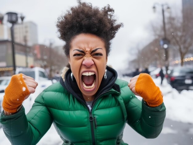 Foto eine afroamerikanische frau genießt den verschneiten wintertag in verspielter, emotionaler, dynamischer pose