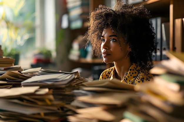 Eine afroamerikanische Frau in einem Büro, überwältigt von einem Berg an Papierkram