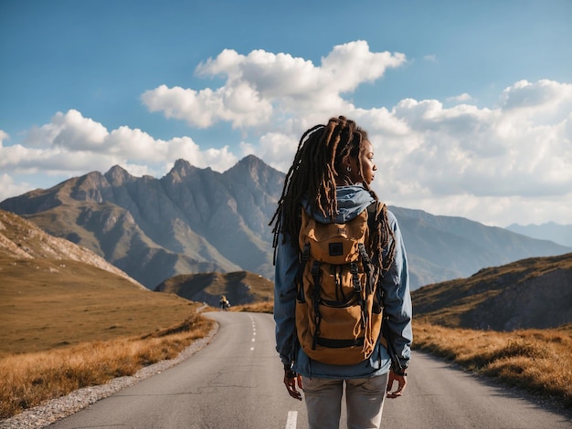 Eine afroamerikanische Frau mit einem Touristen-Rucksack steht auf einem Felsen in den Bergen und reist