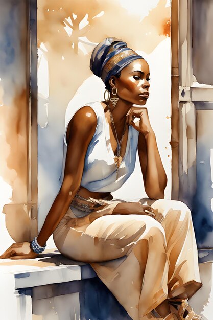 Eine afroamerikanische Frau sitzt und denkt über etwas nach. Generative KI mit Aquarelleffekt