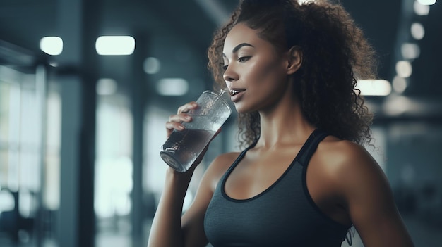 Eine afroamerikanische Frau trinkt Wasser, während sie im Fitnessstudio trainiert