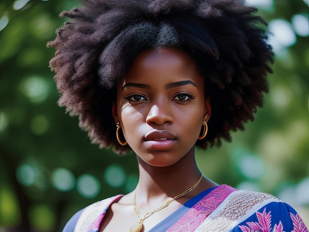 Eine Afrofrau mit natürlichem Haarschnitt steht vor grünem Hintergrund