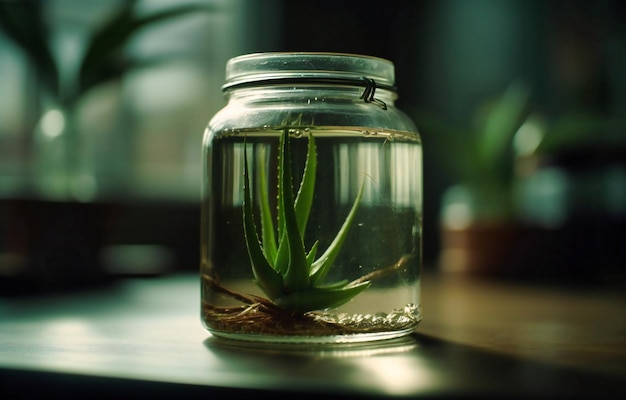 Foto eine aloe-vera-pflanze in einem glasbehälter