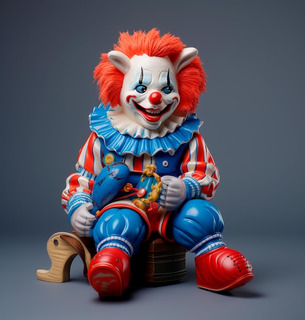 eine als Clown verkleidete Plüschpuppe im alten Stil