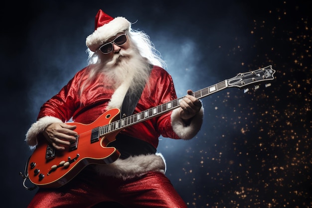 Eine als Weihnachtsmann verkleidete Person spielt E-Gitarre AI Generated