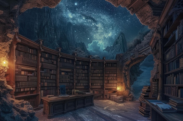 Foto eine alte bibliothek, gefüllt mit magischen büchern, glühende kugeln, strahlend.
