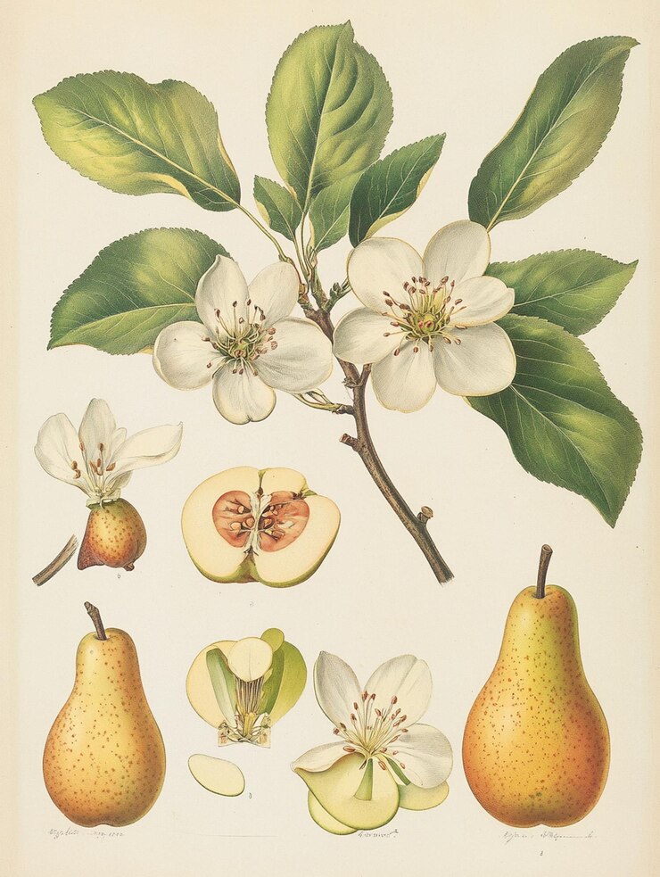 Eine alte botanische detaillierte Abbildung des Birnenbaums