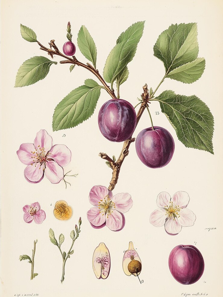 Eine alte botanische detaillierte Abbildung des Pflaumenbaums