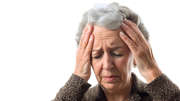 Eine alte Dame mit Migränekopfschmerzen hält ihren Kopf isoliert auf weißem Hintergrund. Hohe Qualität