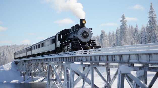 Foto eine alte dampflokomotive zieht den zug durch eine malerische winterlandschaft im sonnenlicht