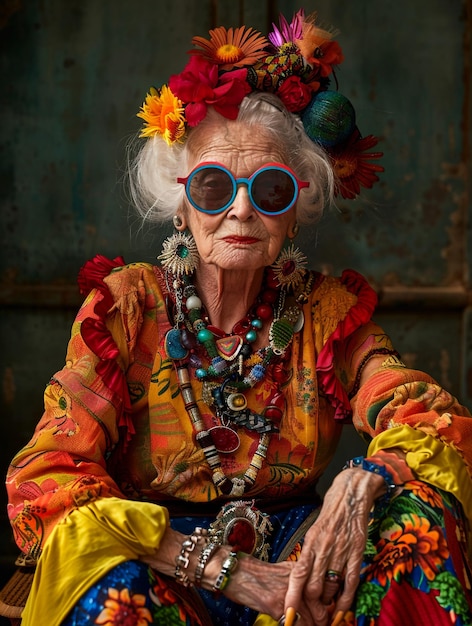 eine alte Frau, die ein farbenfrohes Outfit mit Blumen und einem farbenfrohen Top trägt