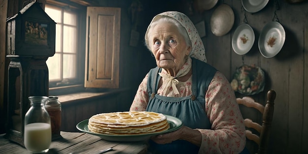 Eine alte Frau hält einen Teller mit Pfannkuchen.