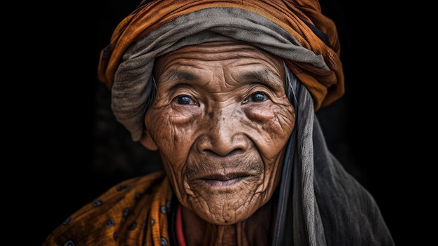 Eine alte Frau mit einem Turban auf dem Kopf