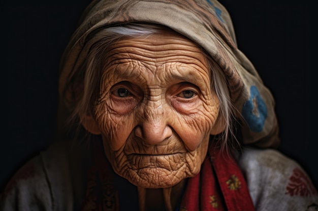 eine alte Frau mit Falten auf dem Kopf