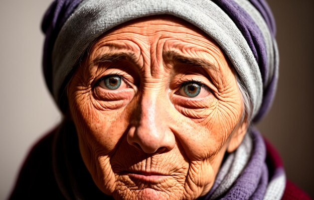 Eine alte Frau mit grauem Haar blickt mit ernstem Gesichtsausdruck in die Kamera. Generative KI