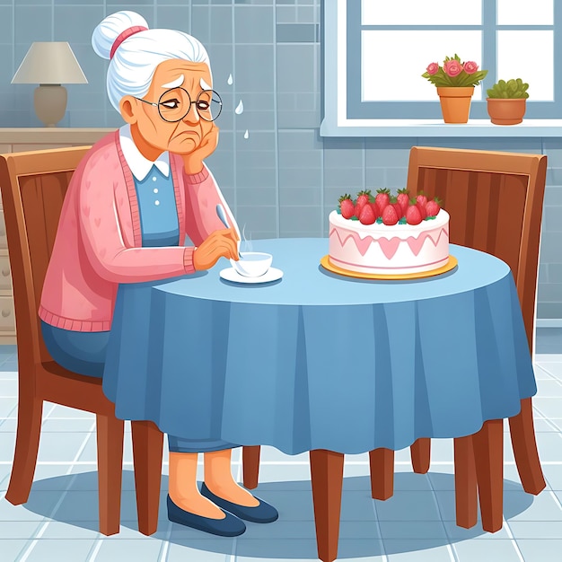 eine alte Frau sitzt an einem Tisch mit einem Kuchen und einer Tasse Kaffee