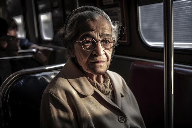 Eine alte Frau sitzt in einem Bus und schaut aus dem Fenster. Generative KI