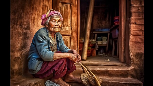 Eine alte Frau sitzt mit einem Hut auf dem Kopf vor einer Holztür.