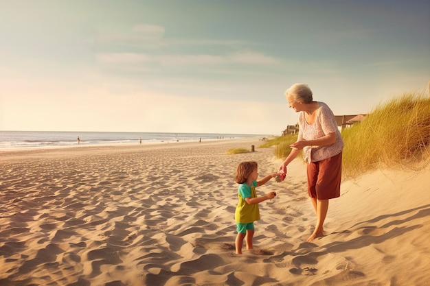 Eine alte Frau spielt mit ihrer Enkelin Drachensteigen am Strand, den Ai erzeugt hat