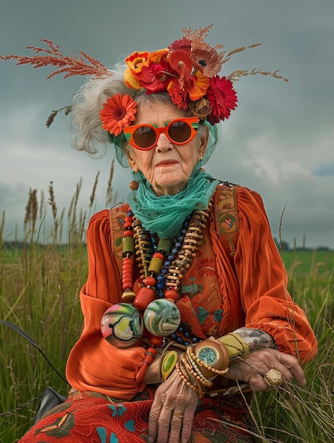 eine alte Frau trägt einen Hut mit Blumen darauf