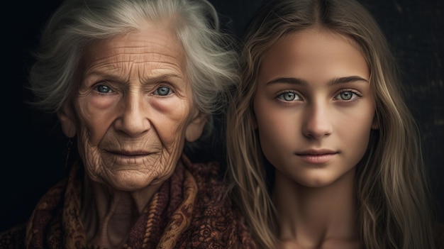 Eine alte Frau und eine junge Frau stehen vor dunklem Hintergrund.