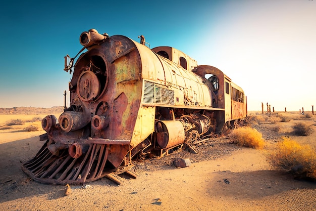 Eine alte rostige Dampflokomotive parkte in der Wüste