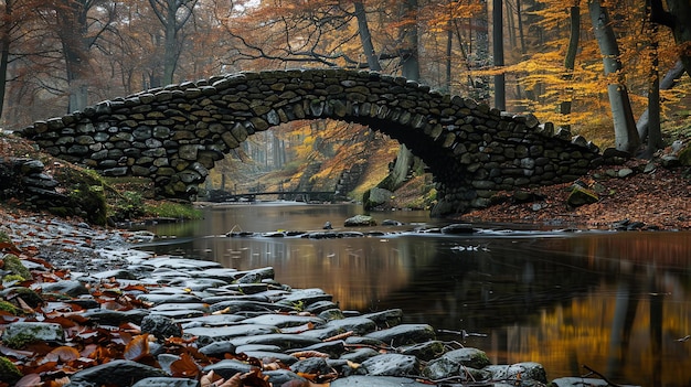 Foto eine alte steinbrücke in einem wald die brücke besteht aus großen, grob geschnittenen steinen und hat einen einzigen breiten bogen