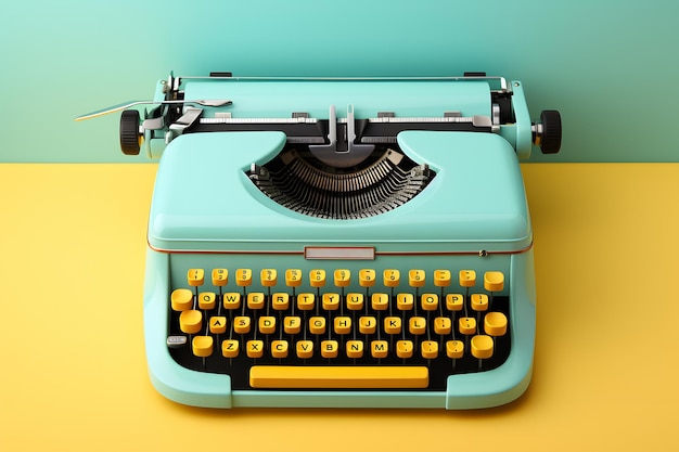Eine alte türkisfarbene Schreibmaschine mit gelben Tasten auf einem gelben Hintergrund, die eine nostalgische Stimmung hervorruft