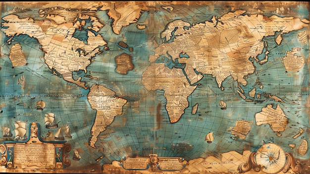 Foto eine alte weltkarte mit kompass und segelschiffen die karte ist von dekorativen elementen umgeben und hat ein vintage-gefühl