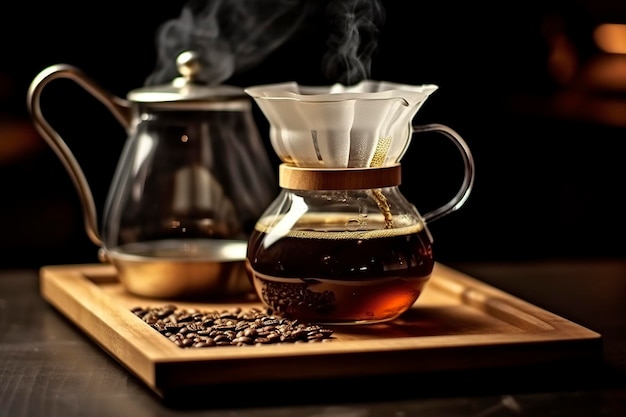 Eine alternative Methode zur Kaffeezubereitung ist purer Kaffee über einer Glasteekanne auf einem Holztablett. Generative KI