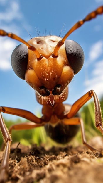 Eine Ameise berührt die Kamera und macht ein Selfie, ein lustiges Selfie-Porträt eines Tieres