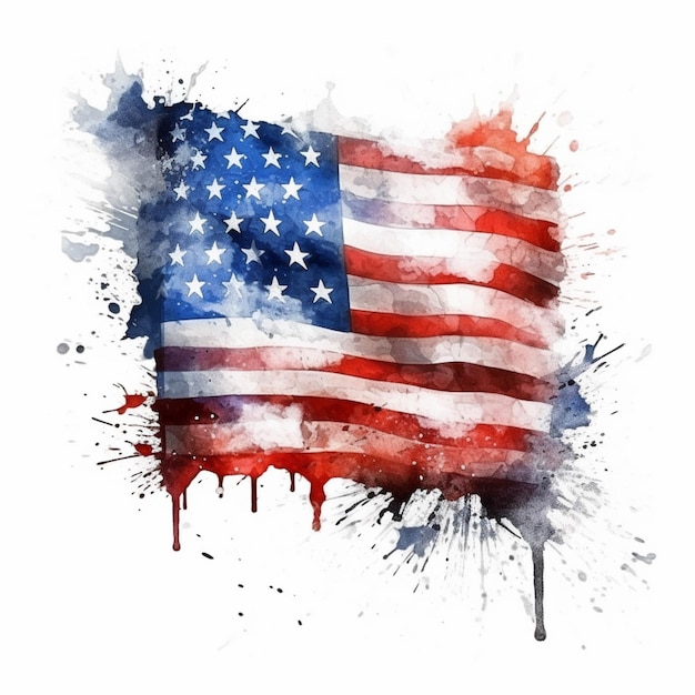 Eine amerikanische Flagge in Aquarell auf weißem Hintergrund gemalt, generative KI