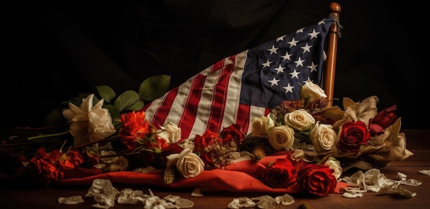 Eine amerikanische Flagge mit Blumen und Kopienraum für den Bannerhintergrund des American Memorial Day